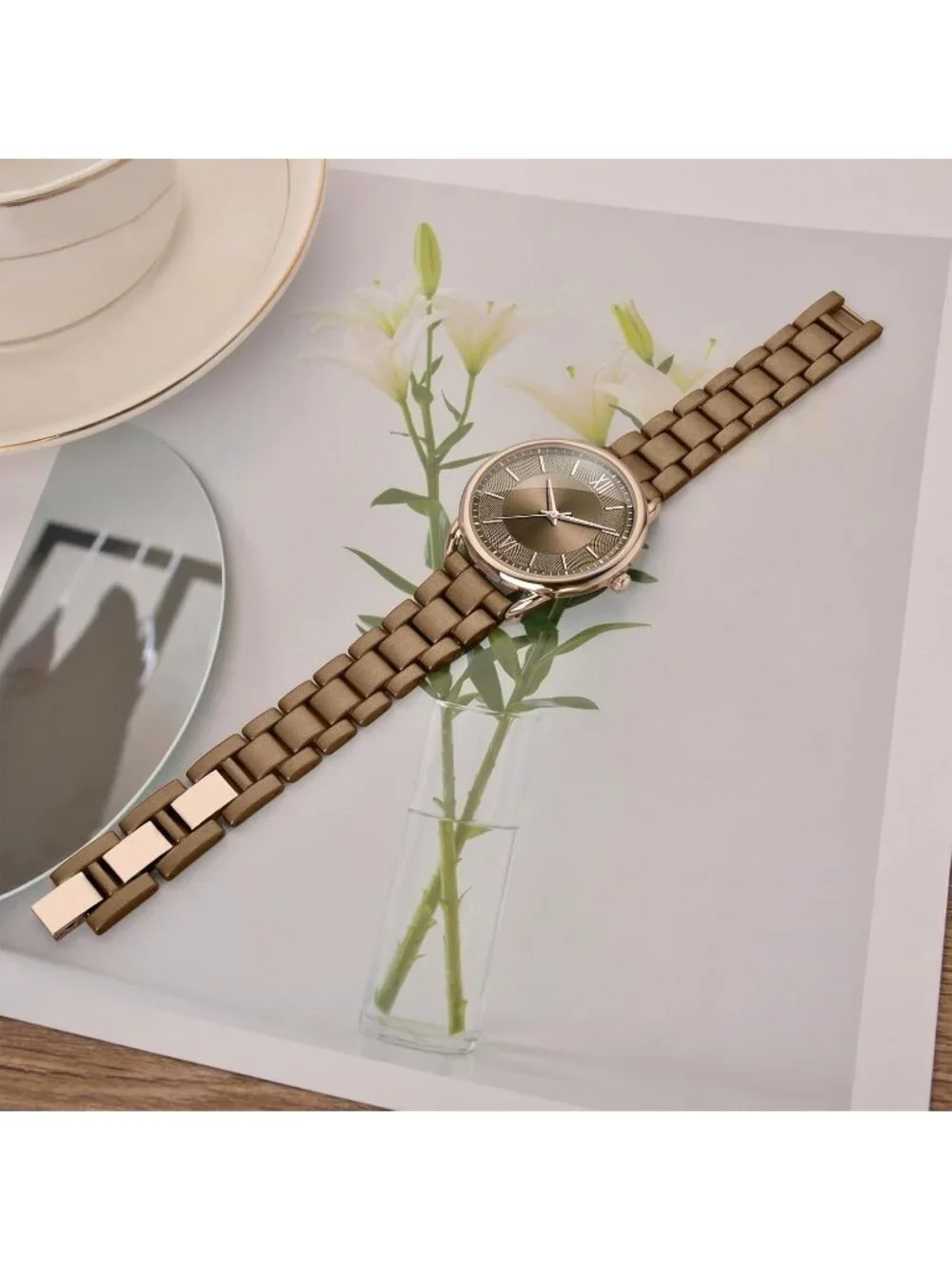 Women's Coffee Roman Numeral Dial Analog Alloy Steel Strap Quartz Wrist Watches